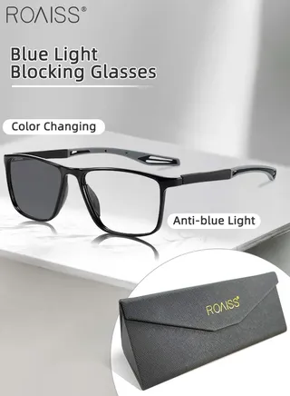 Men's Blue Light Blocking Glasses Anti UV and Glare Blue Light Filter Computer Glasses Rectangular Color Changing Anti Eyestrain Headache Sports Eyewear with Super Light TR Frame Black Grey 55mm 