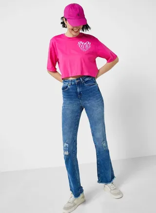 High Waist Ripped Slim Fit Flared Jeans 