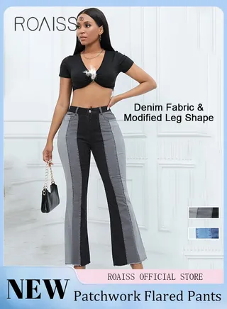 Plus Size Women Denim Pants Patchwork Fabric Wide Leg Flared Trousers Leg Flattering Design Fashionable and Versatile Suitable for School and Commuting 