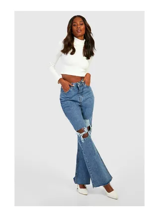 High Waisted Ripped Flared Jeans 