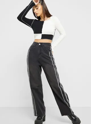Contrast Side Stripe Wide Leg Jeans 