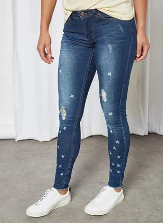 Ripped Skinny Jeans Dark Blue Denim 