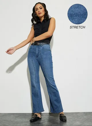 High Rise Seam Detail Flare Fit Jeans 