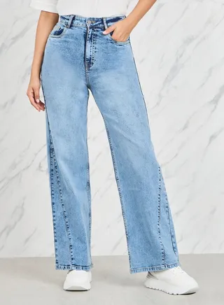 Side Cut and Sew Panel Straight Fit Jeans