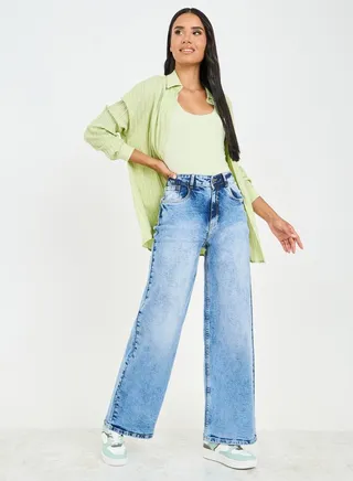 Acid Wash Wide Leg Denim Jeans 