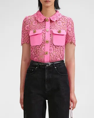 Diamanté-Button Floral Lace Top