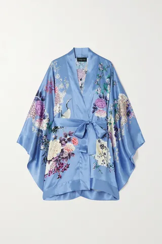 MENG - Belted Floral-print Silk-satin Robe - Blue