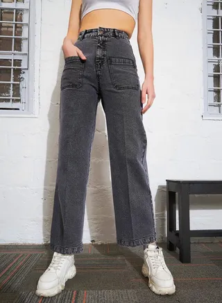 Washed Patch Pocket Straight Jeans 