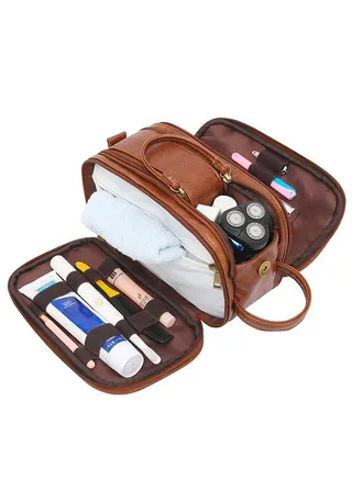 Men's Travel Toiletries Leather Storage Bag Waterproof Shaving Dopp Kit Bathroom Bag 