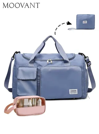 Foldable Gym Travel Duffel Bag (with Toiletry Bag) Dry Wet Separated Sport Duffle Bags Yoga Bag Carry On Bag with Shoe Compartment Travel Weekender Bag Blue+Pink 