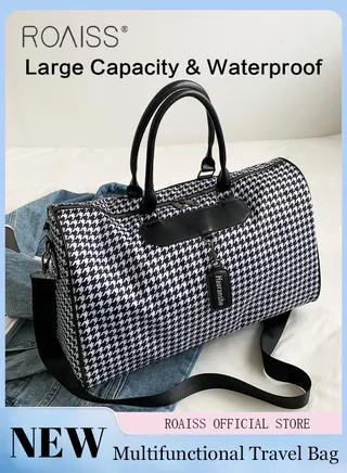 Stylish Houndstooth Duffel Bag Large Capacity Waterproof Gym Bags Unisex for Fitness Training Outdoor Travel with Adjustable Hardware Buckle and Comfortable Handheld Suitable for Women or Men 