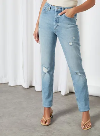 Ripped Mom Jeans Medium Grey Denim 