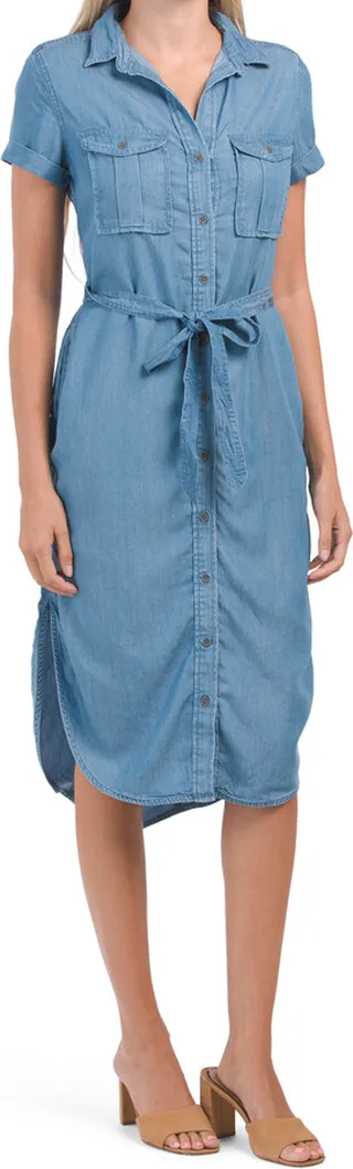 Chambray Short Sleeve Midi Shirt Dress With Curved Shirt Tail Hem