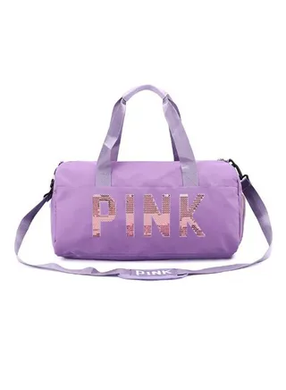 Large Capacity Letter Printed Sequins Duffel Bag Fitness Bag Long and Short Distance Outdoor Travel Bag Portable High-capacity Nylon Waterproof Shoe Compartment Bag For Men and Women Purple 
