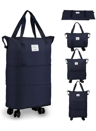 Duffle Bag with Wheels Expandable Foldable Duffle Bag for Travel Rolling Luggage bag Carry on Duffel Bag Travel Duffle Bag Large Weekend Bag Hand Shoulder Bag (Dark Blue) 