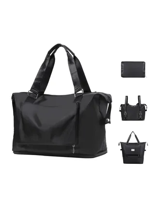 Travel Bag with Double Shoulder Strap, Foldable Duffle Bag for Travel, Water-resistant Sports Bag with Wet Compartment, Large Weekender Bag with Expandable Space, for Men/Women, Black 