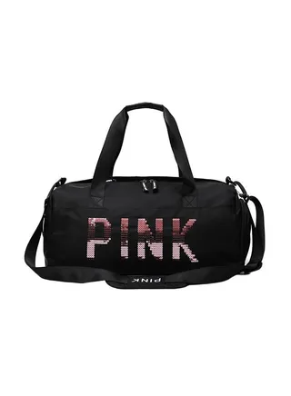 Large Capacity Letter Printed Sequins Duffel Bag Black/Pink 