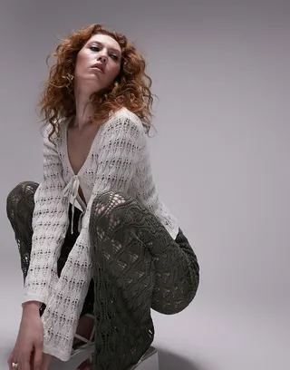Topshop knit tie front crochet stitch cardigan in ivory