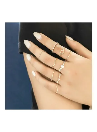 9-Piece Faux Pearl Studded Heart Wave Shape Ring Set 