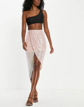 ASOS DESIGN sequin midi skirt with slit front in mixed pink sequin