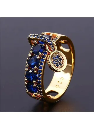 Vintage Royal Blue Stone Ring Yellow Gold Color Luxury Female Wedding Rings For Women Round Dangle Ring Engagement Jewelry Gifts 