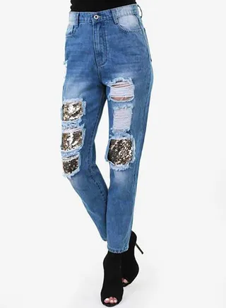 Sequin Denim Pants Blue 