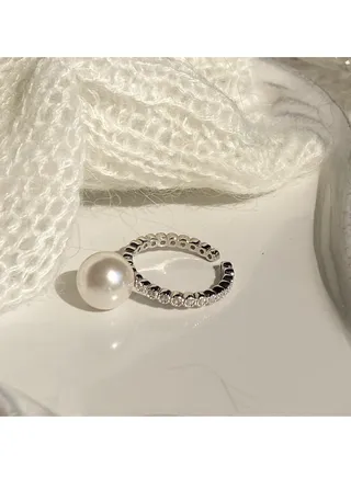 S925 Sterling Silver Zircon Large Pearl Ring 