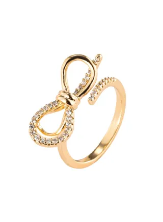 Ladies Bow Shape Shiny Simple Gold Plated Lovely Ring Inlaid 3A Zircon Birthday Party Pop Open Jewelry 