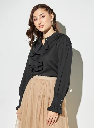 2Xtremz Ruffle Detail Top with Mandarin Collar and Long Sleeves 