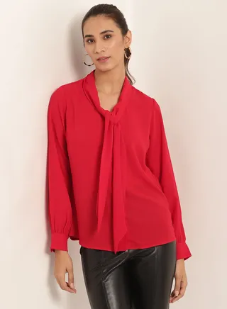 Tie Up Neck Long Sleeves Blouse Red 