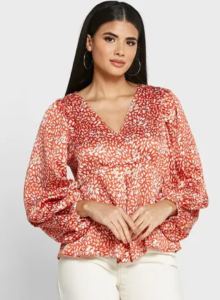 Pleat Detail V-Neck Printed Top 