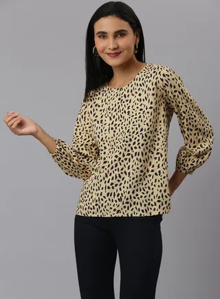 All-Over Printed Balloon Sleeve Top Beige/Black 
