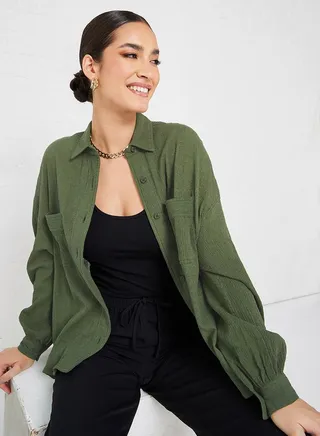Drop Shoulder Crepe Oversized Shirt with Patch Pocket