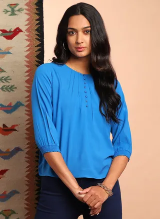 Three-Quarter Sleeve Casual Top Blue 