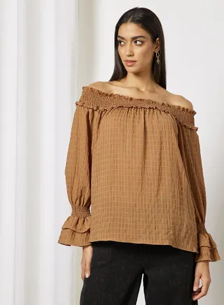 Women's Casual Solid Design Cold Shoulder Blouse Coffee 