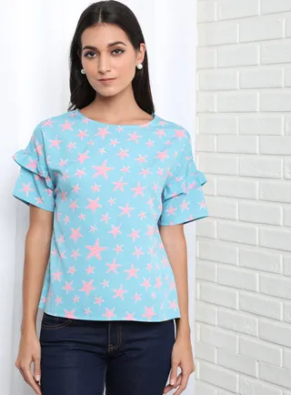 Regular Fit Round Neck Short Sleeve Star Printed Top Sky Blue 