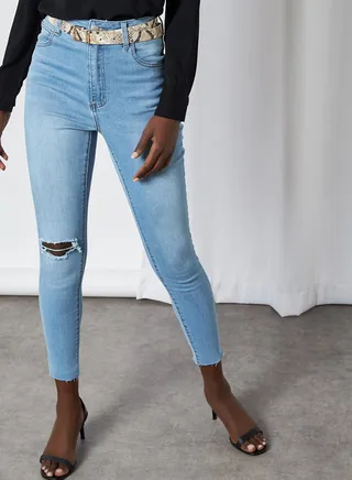 Distressed Pattern Slim Fit Mid Rise Jeans Blue 