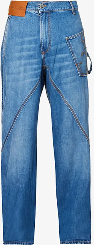 Mens Light Blue Twisted Workwear Wide-leg Mid-rise Jeans