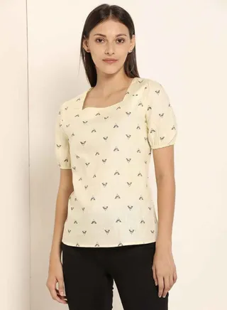 Square Neck Printed Top Light Yellow 