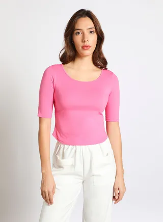 Women's Casual Half Sleeve Round Neck Solid Top Pink 