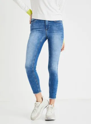 Buttoned Fly Raw Hem Jeans Blue 