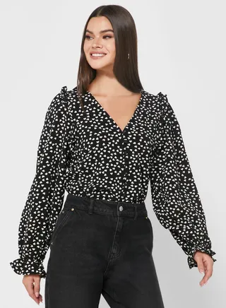 V-Neck Frill Sleeve Printed Top 