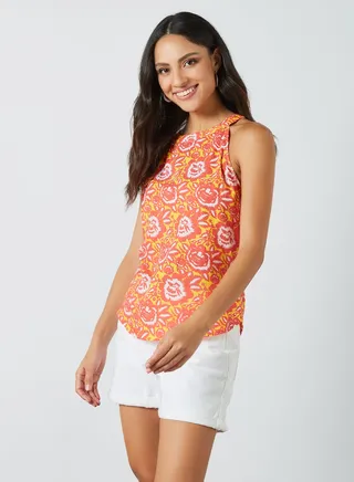 Halter Neck Floral Pattern Blouse Top Orange Multicolour 