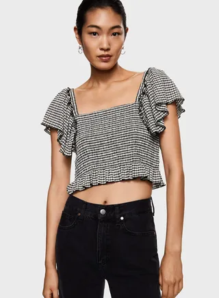 Checked Ruffle Sleeve Top 