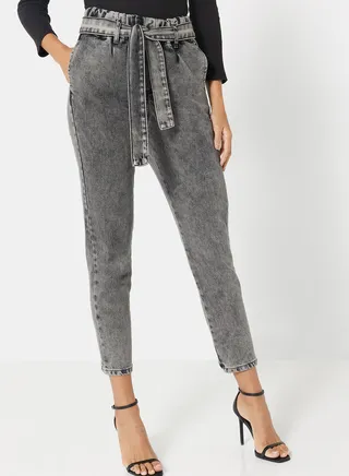 Belted Elastic Waist High Rise Mom Jeans Black 