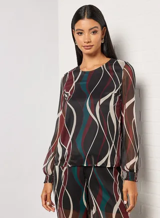 All-Over Wave Print Top Black 