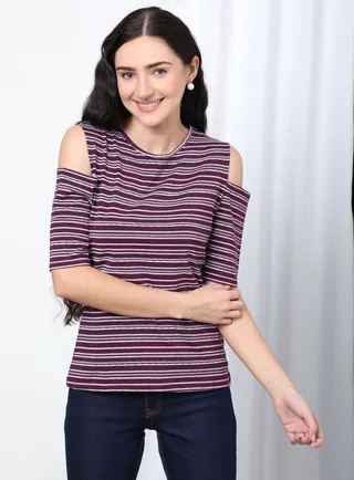 Casual Round Neck Striped Blouse Purple 