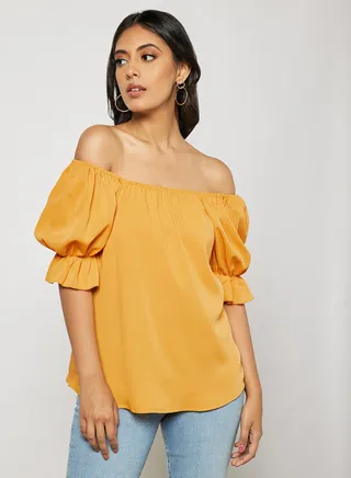 Women's Solid Design Casual Puff Sleeve Top Yellow 