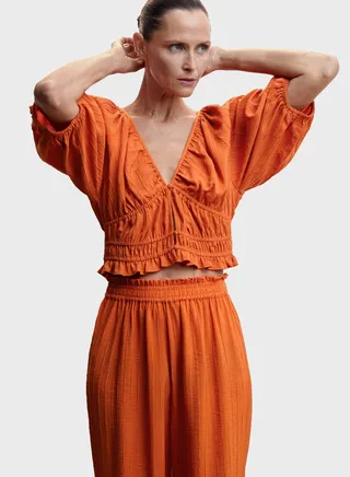 Ruched Waist Plunge Neck Top 
