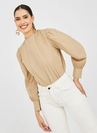 Lace Trim High Neck Poplin Blouse 